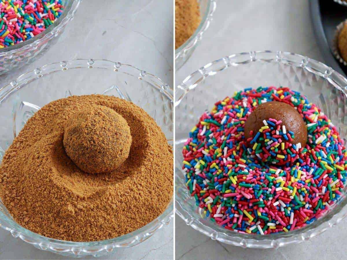 rolling graham balls in graham cracker crumbs or sprinkles