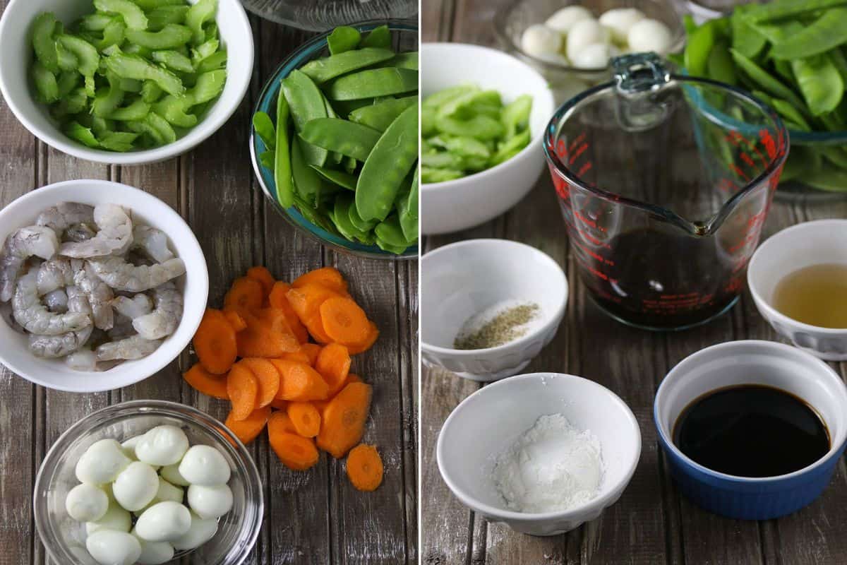 shrimp, snow peas, quail eggs, carrots, celery, soy sauce, Chinese cooking wine, cornstarch, pepper, water, oyster sauce in bowls