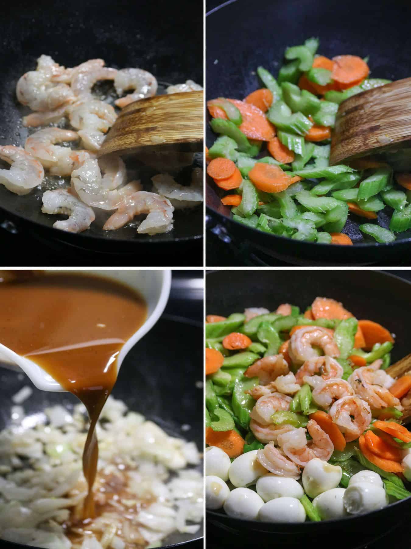 cooking snow peas with shrimp in a pan