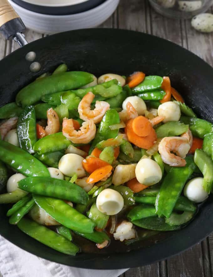 Snow Peas with Shrimp Stir Fry in a pan