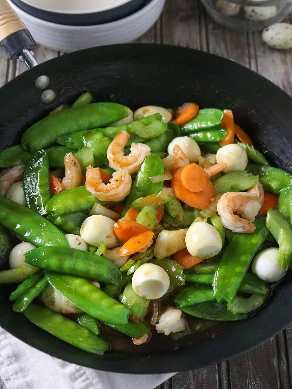 Snow Peas with Shrimp Stir Fry in a pan