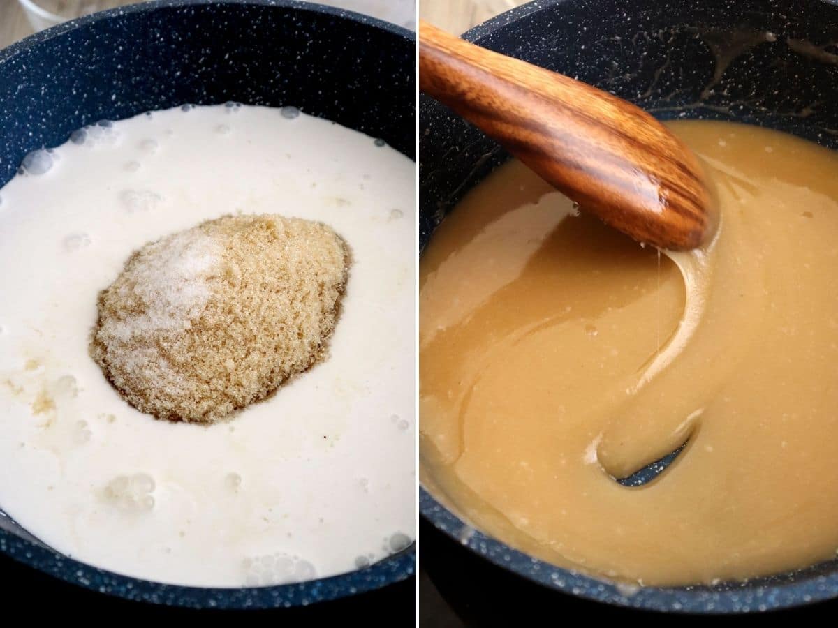 making salted coconut caramel sauce in a skillet
