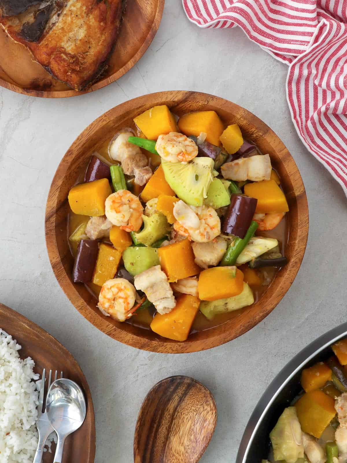 ginataang gulay in a wooden serving bowl