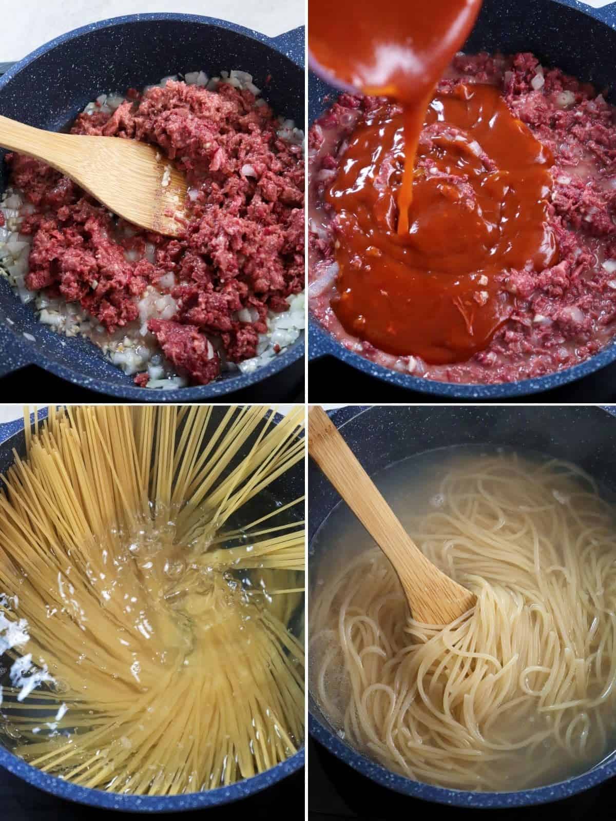 cooking Filipino-style spaghetti with corned beef