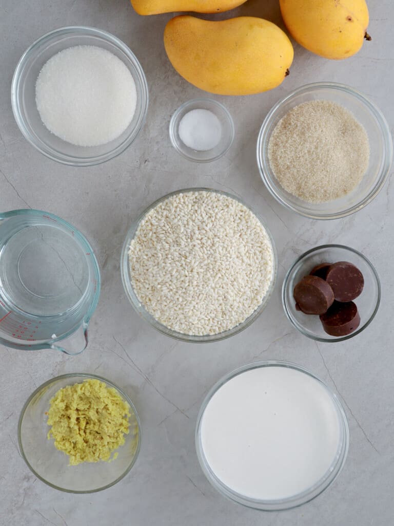 glutinous rice, grated ginger, sugar, coconut milk, tablea, water, mangoes