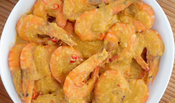 salted egg shrimp on a white serving plate