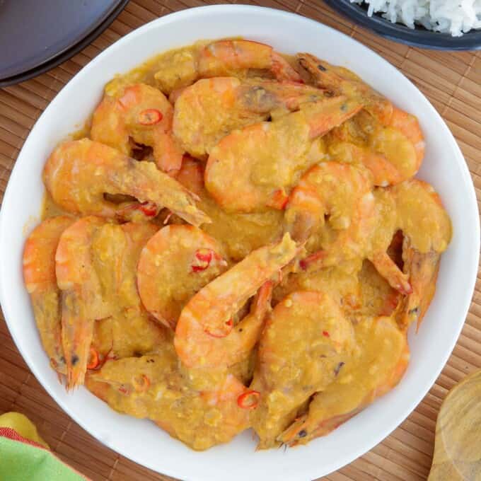 salted egg shrimp on a white serving plate