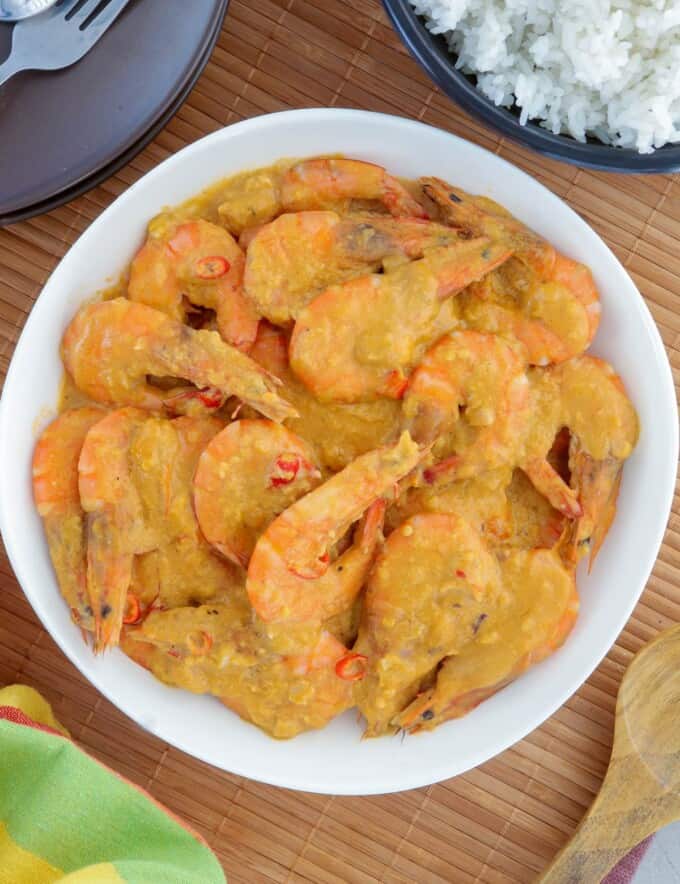 salted egg shrimp on a white serving plate