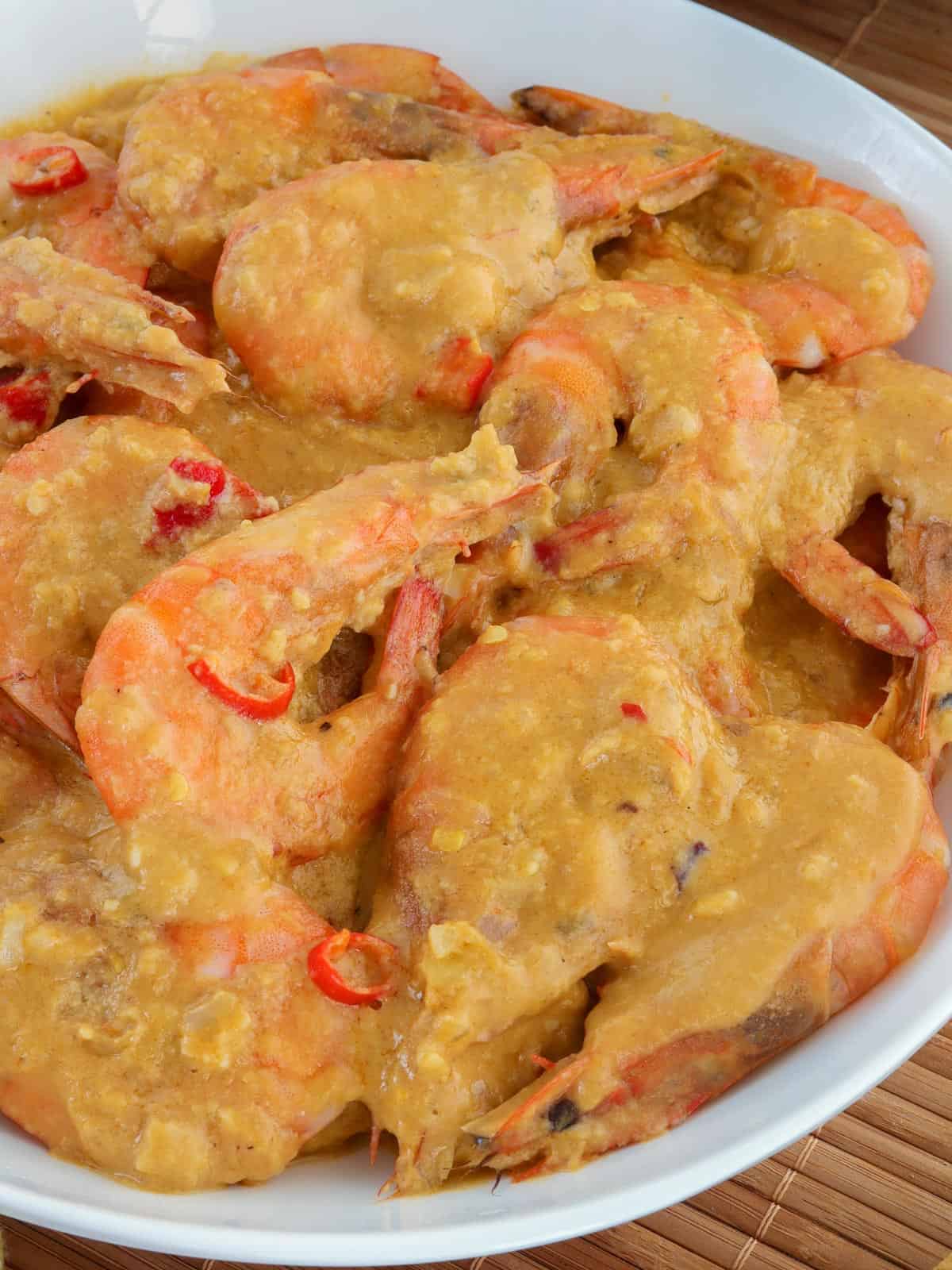 Singapore Salted Egg Shrimp in a white serving bowl