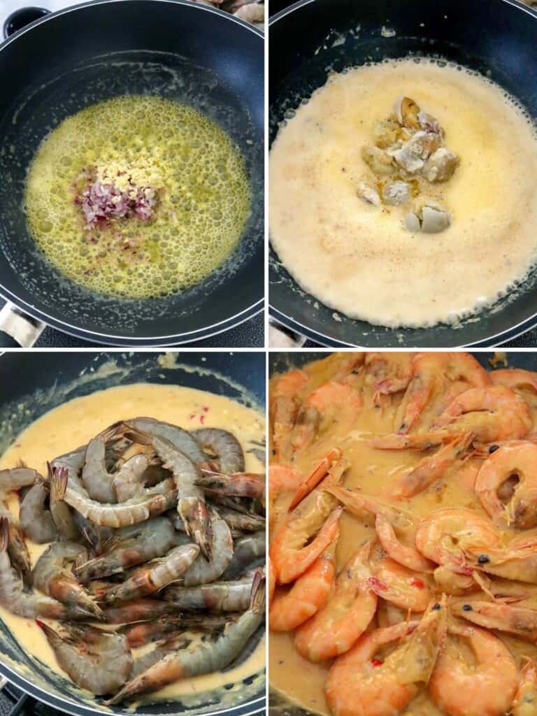 cooking shrimp in creamy sauce in a pan