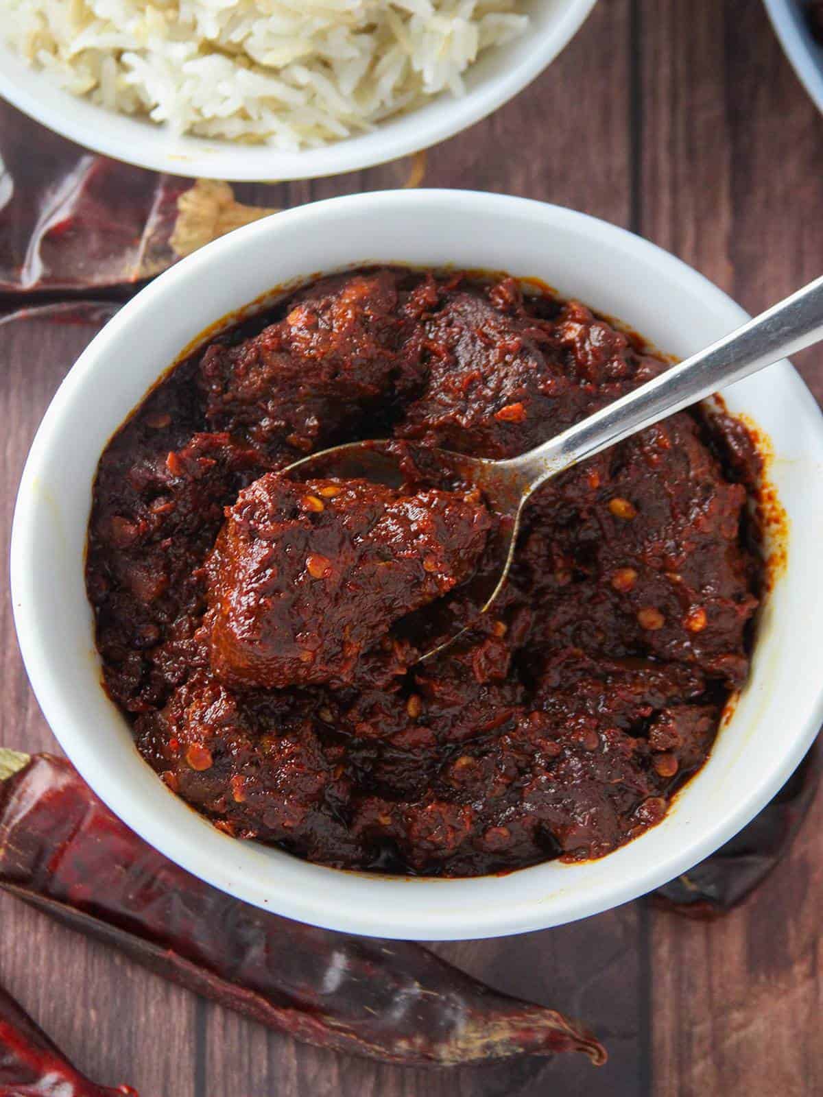 Pork in Adobo Sauce in a white bowl