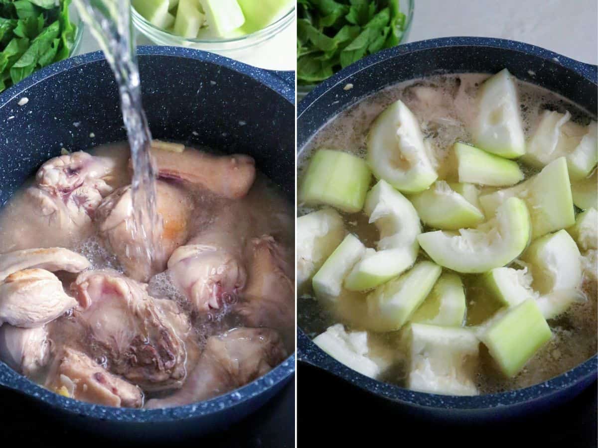 cooking tinolang manok sa upo in a pot