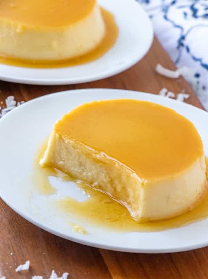 coco flan on a white plate