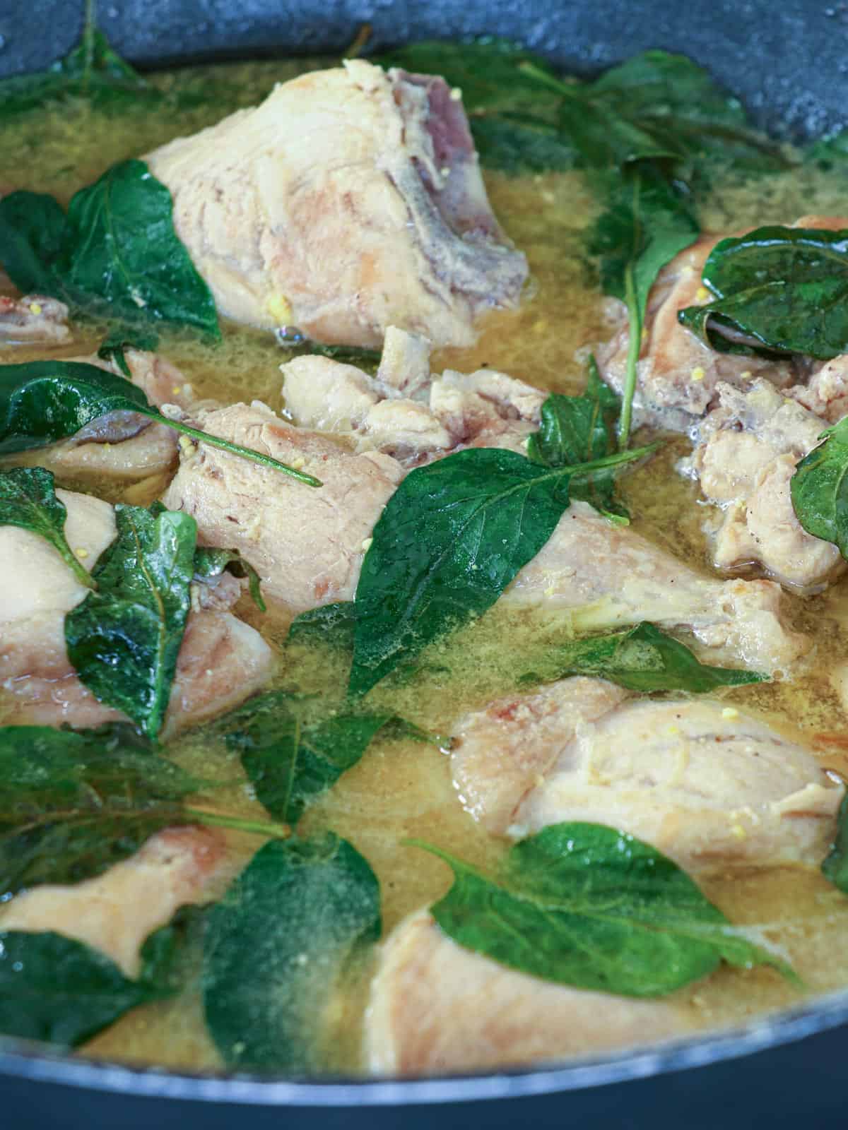 Filipino chicken soup with fish sauce and chili leaves in a pot