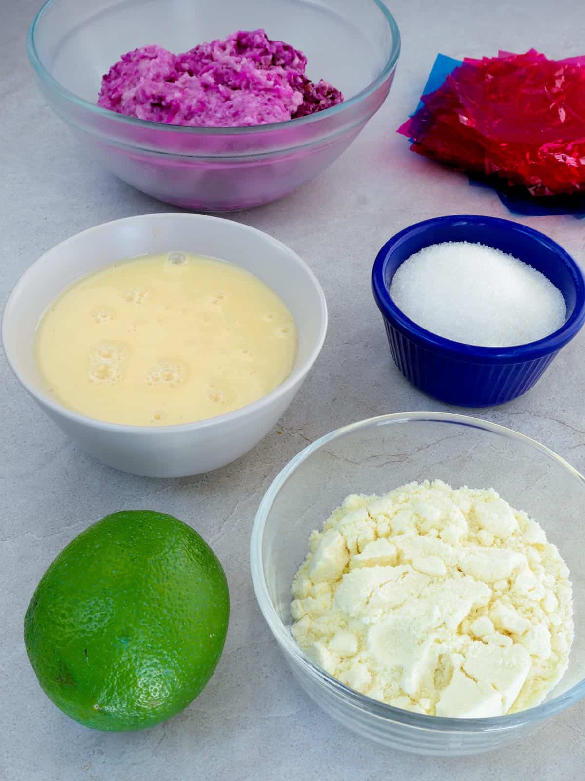 mashed purple yan, lime, condensed milk, full cream powdered milk, sugar, cellophane wrapper