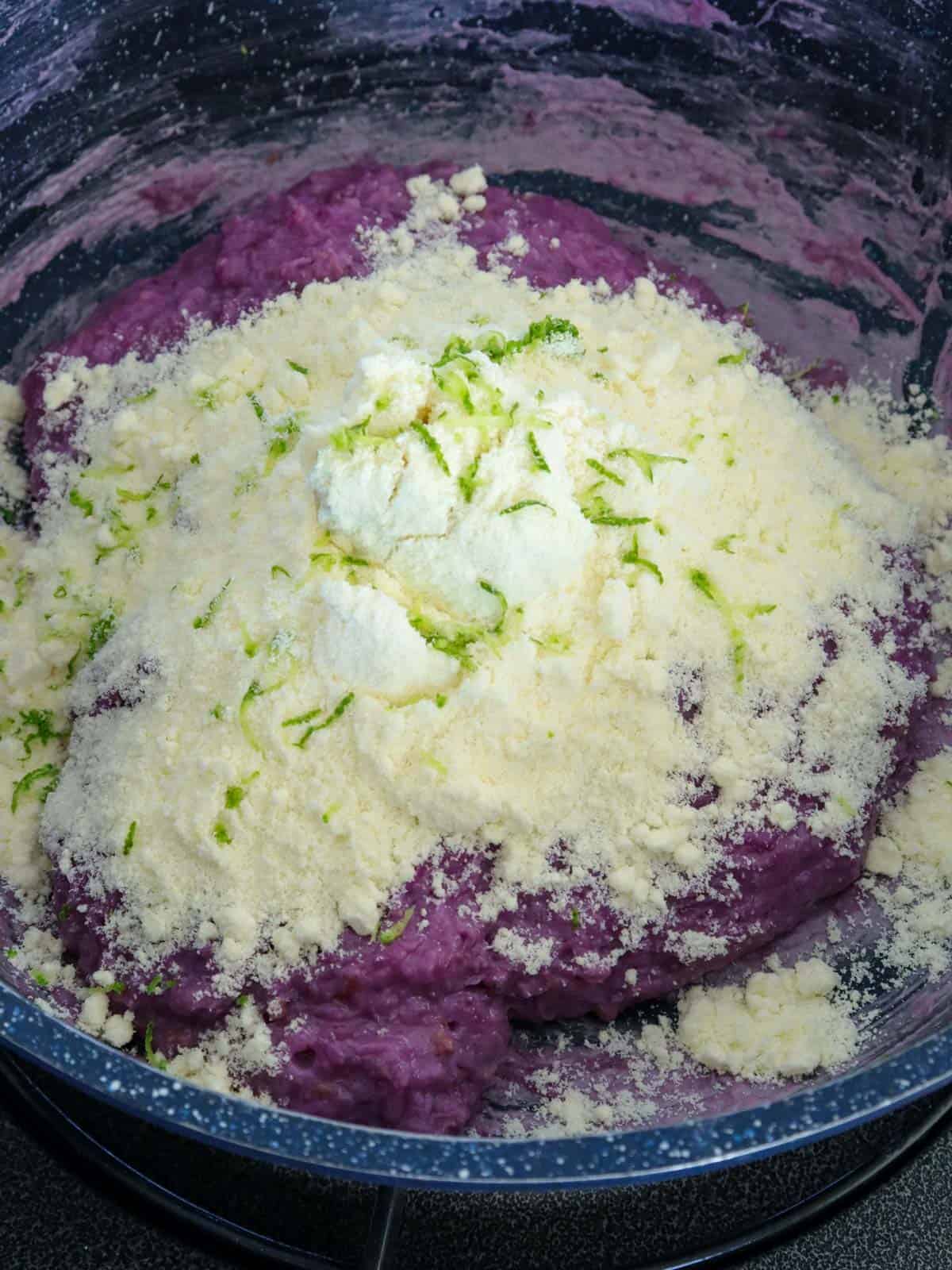 cooking ube pastillas in a pan