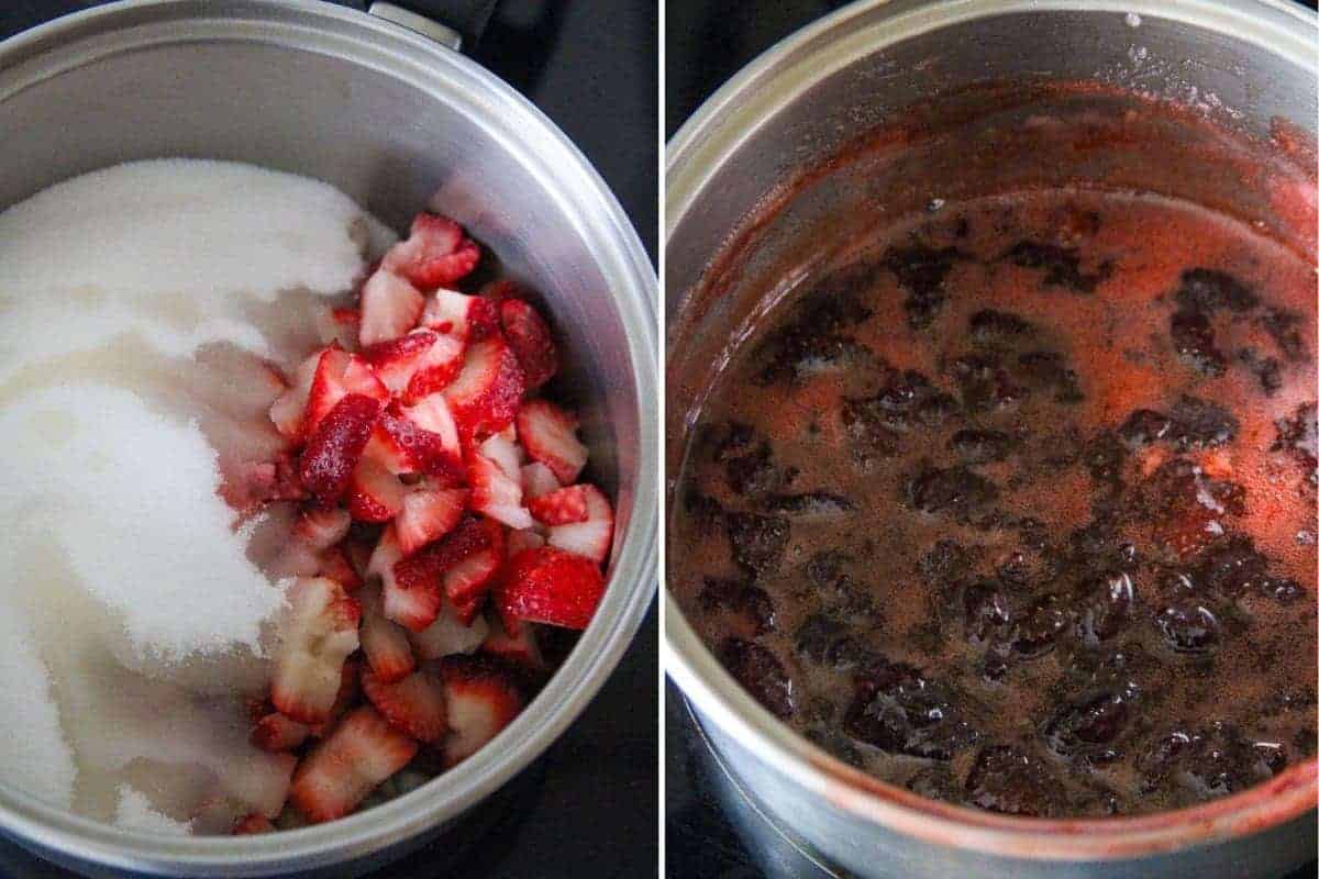 making strawberry jam in a pot