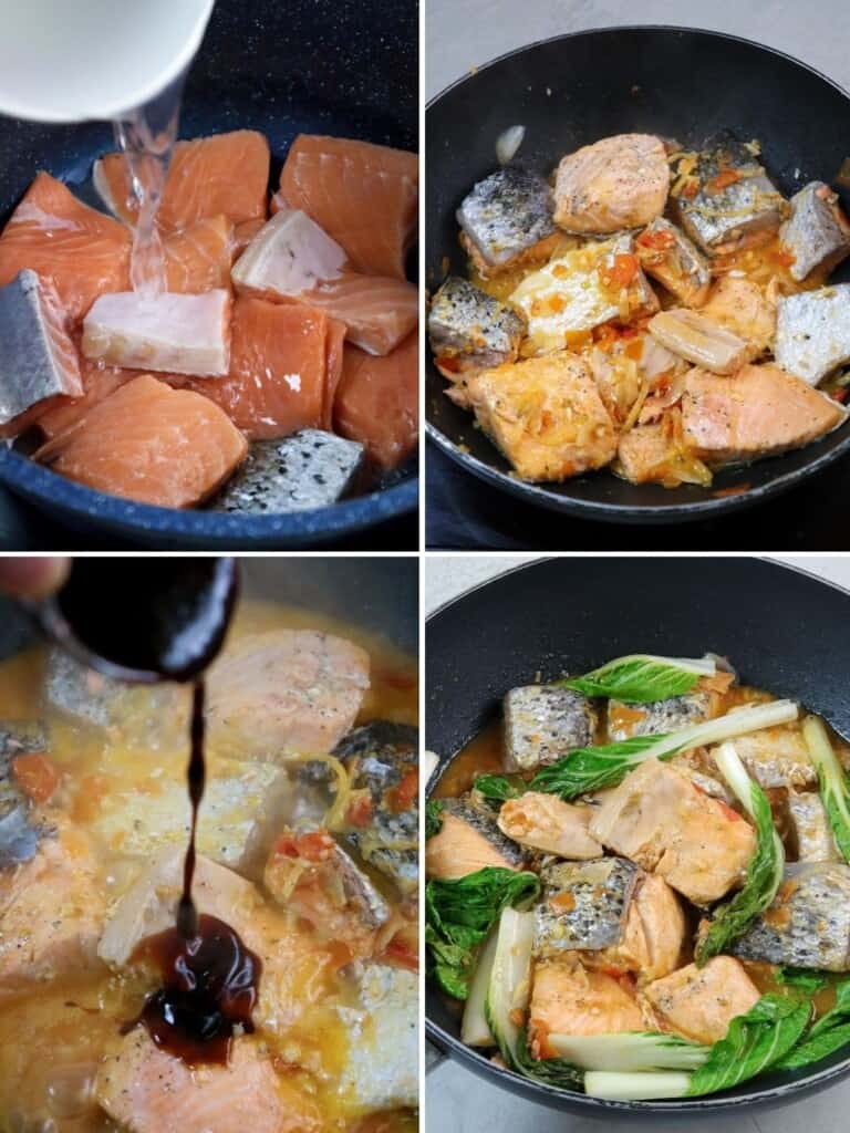 cooking kinamatisan salmon with oyster sauce in a skillet
