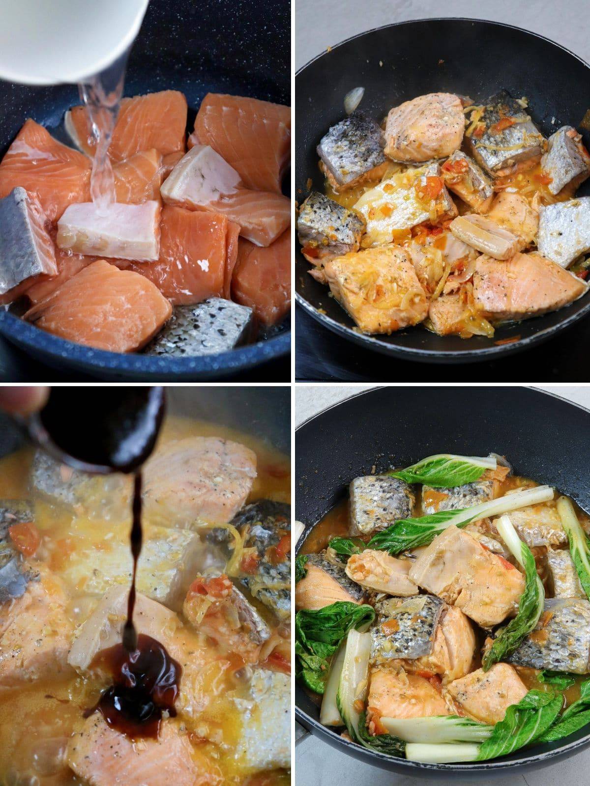 cooking kinamatisan salmon with oyster sauce in a skillet
