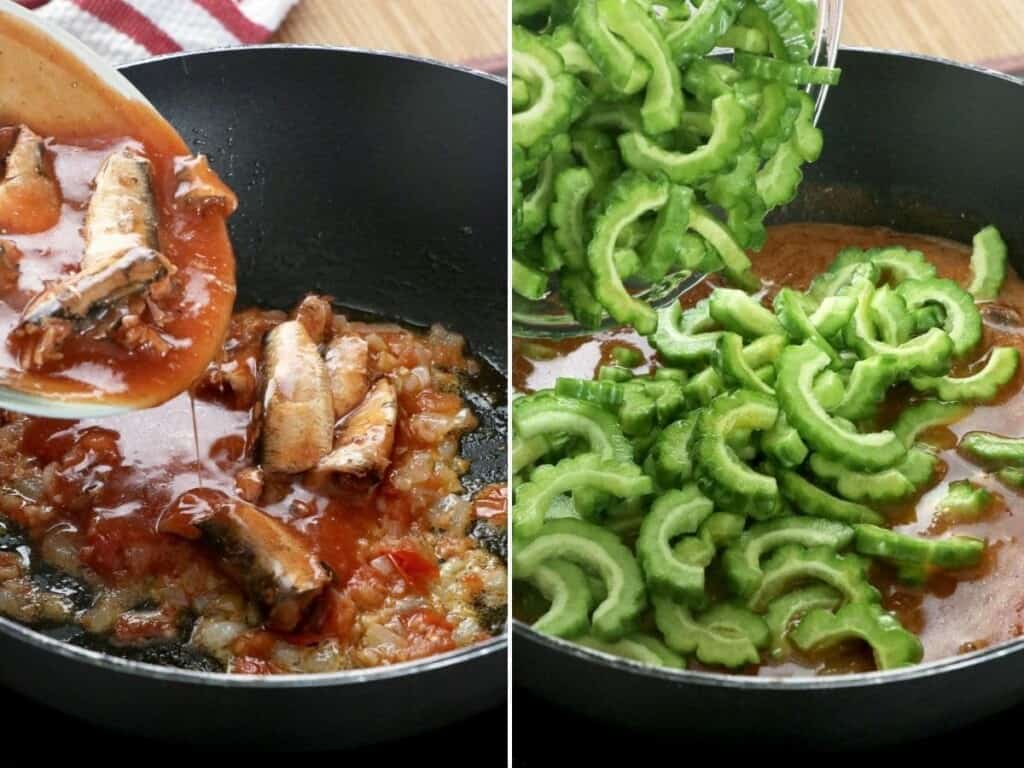 cooking bittermelon with sardines in a pan