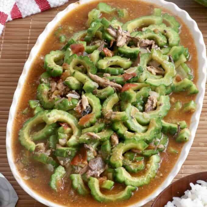 ampalaya with sardines on a serving platter