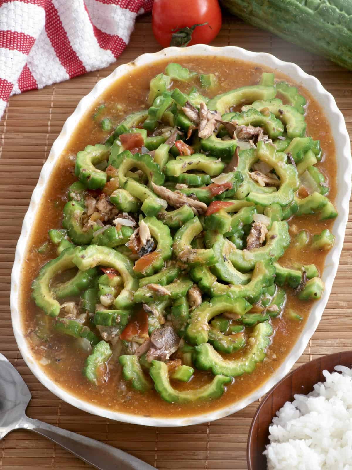 ampalaya with sardines on a serving platter