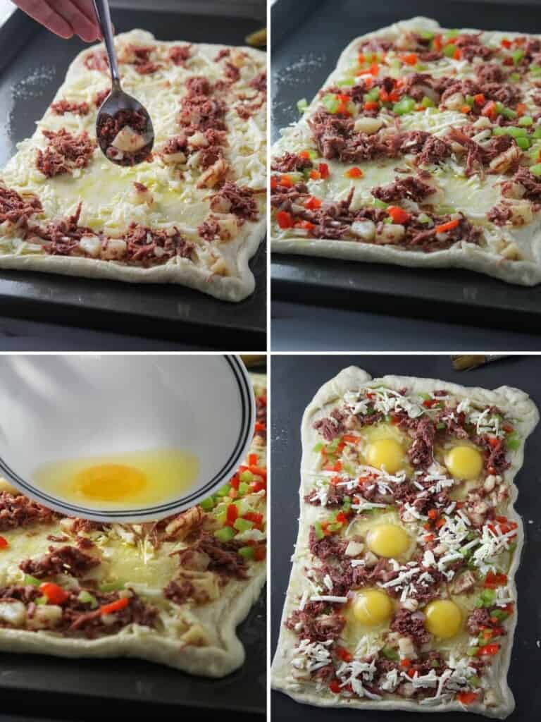 assembling breakfast pizza with eggs and corned beef