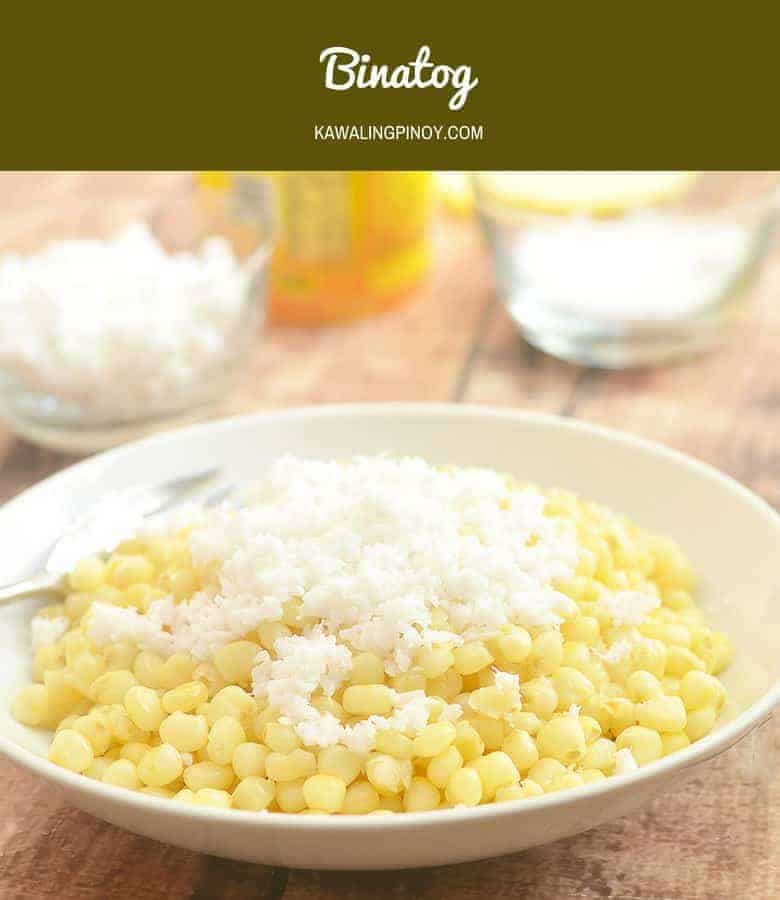 Binatog is a Philippine popular street food made of boiled white corn and topped with grated coconut, margarine, and salt.