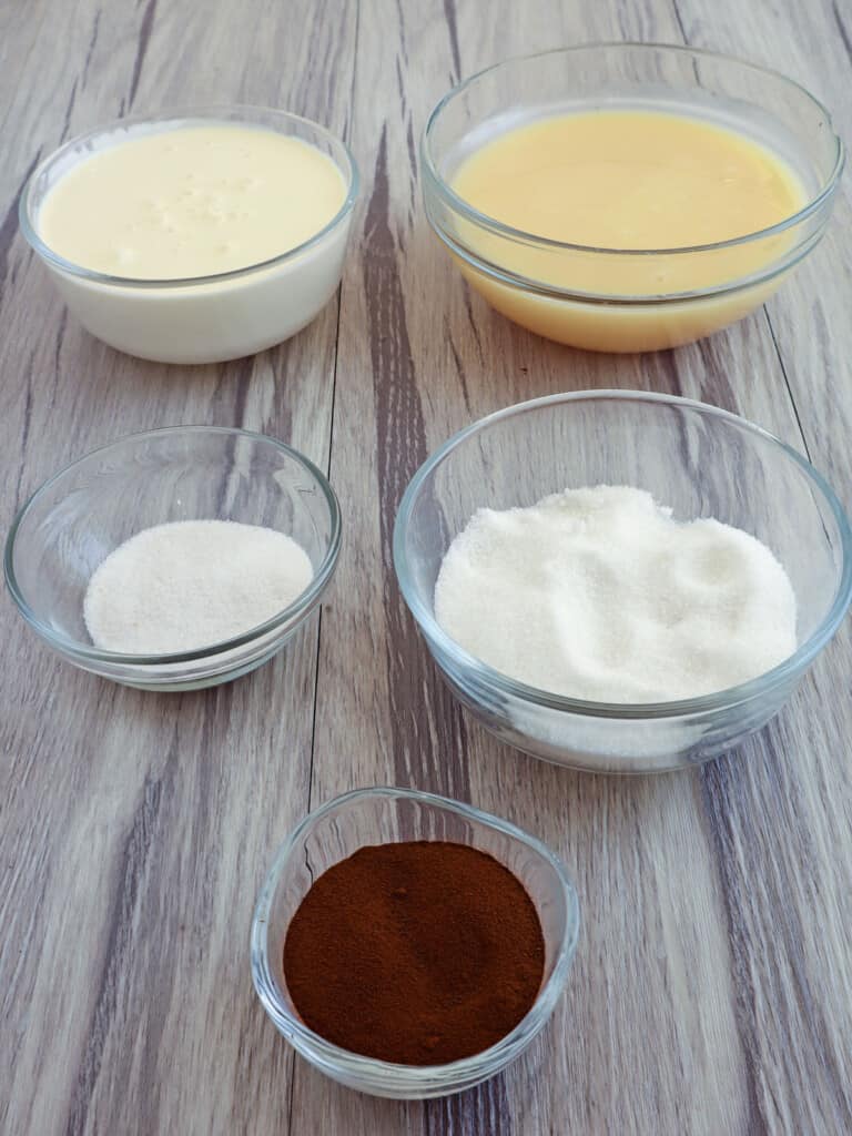 condensed milk, all-purpose cream, sugar, gelating powder, instant coffee in bowls