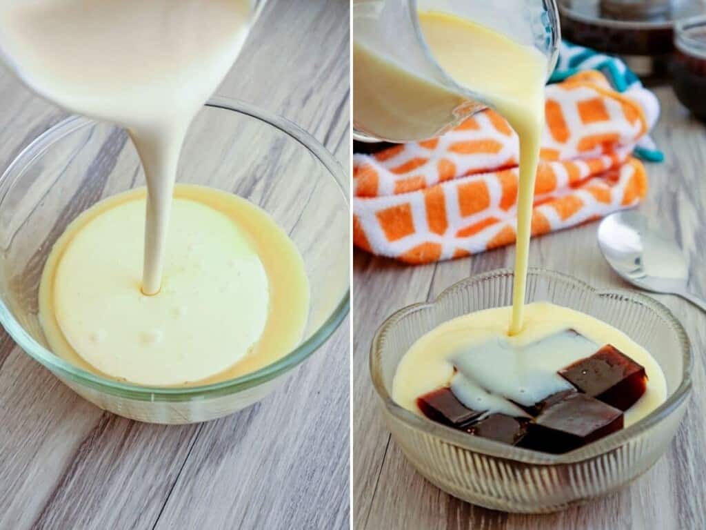 making sweetened cream and pouring over coffee jelly cubes in a bowl