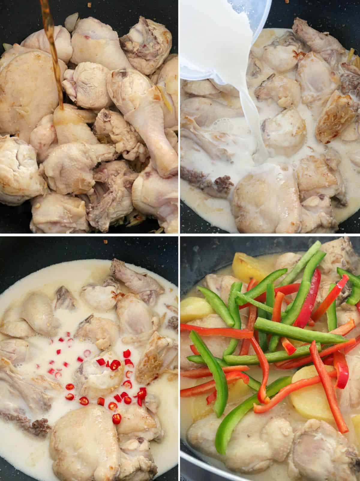 cooking chicken in coconut milk in a pan
