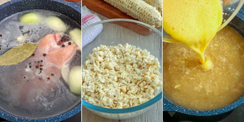 cooking soup with chicken and corn in a pot