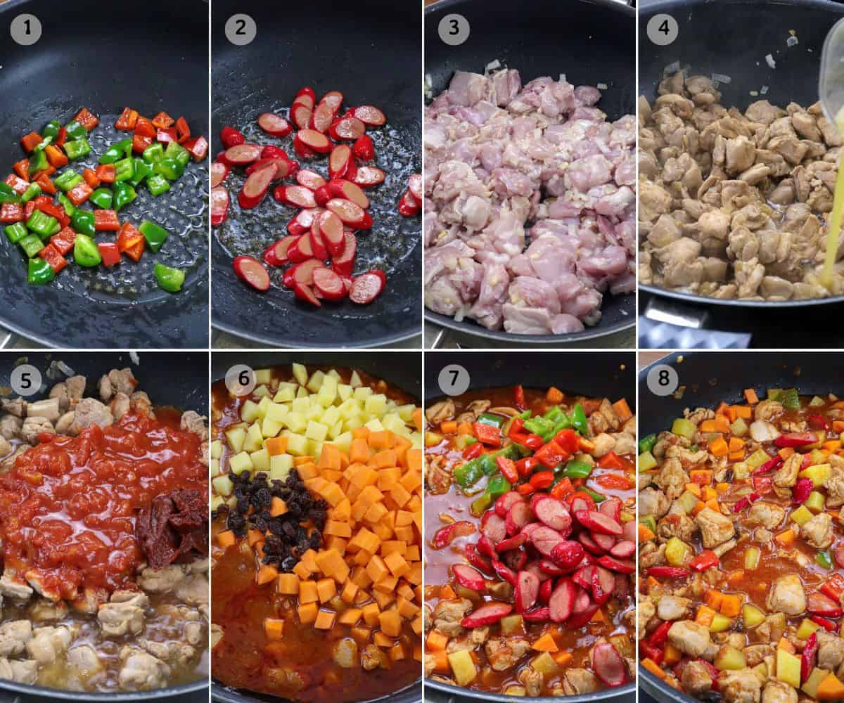 cooking chicken menudo in a pan.