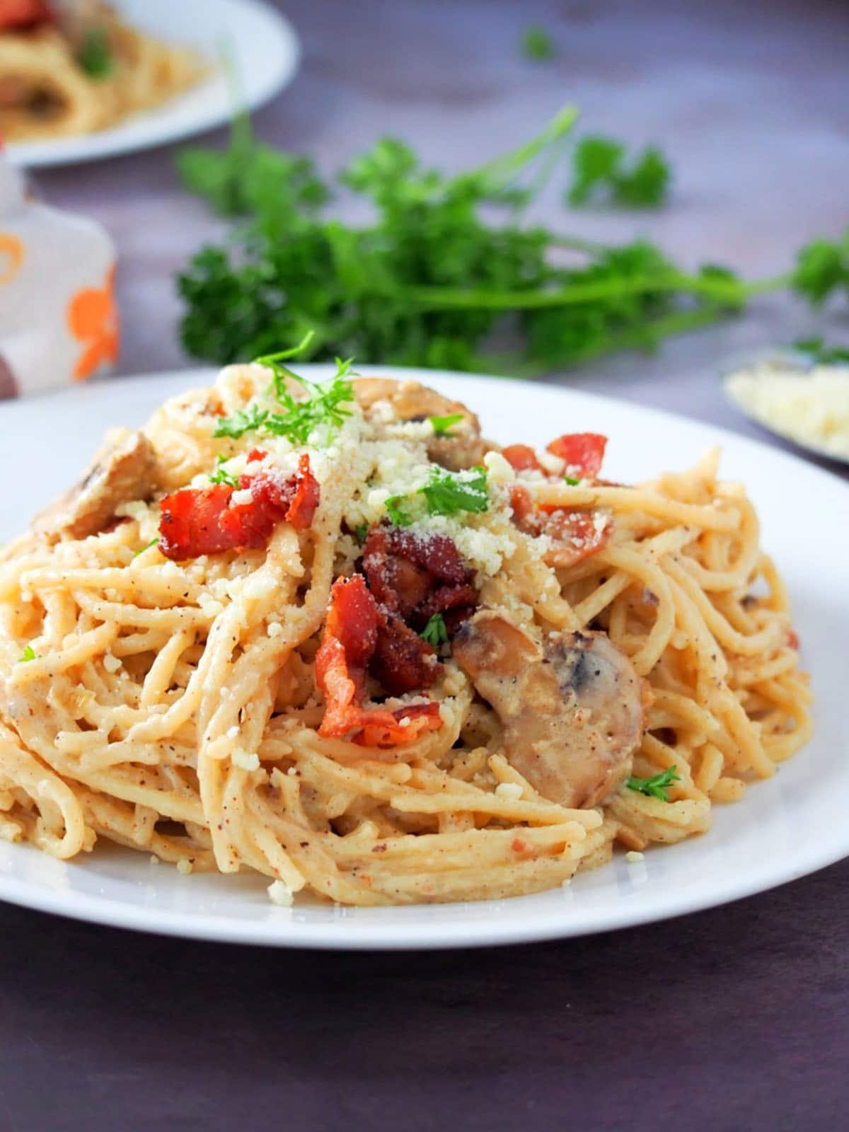 Filipino-style Pasta Carbonara on a white serving platter