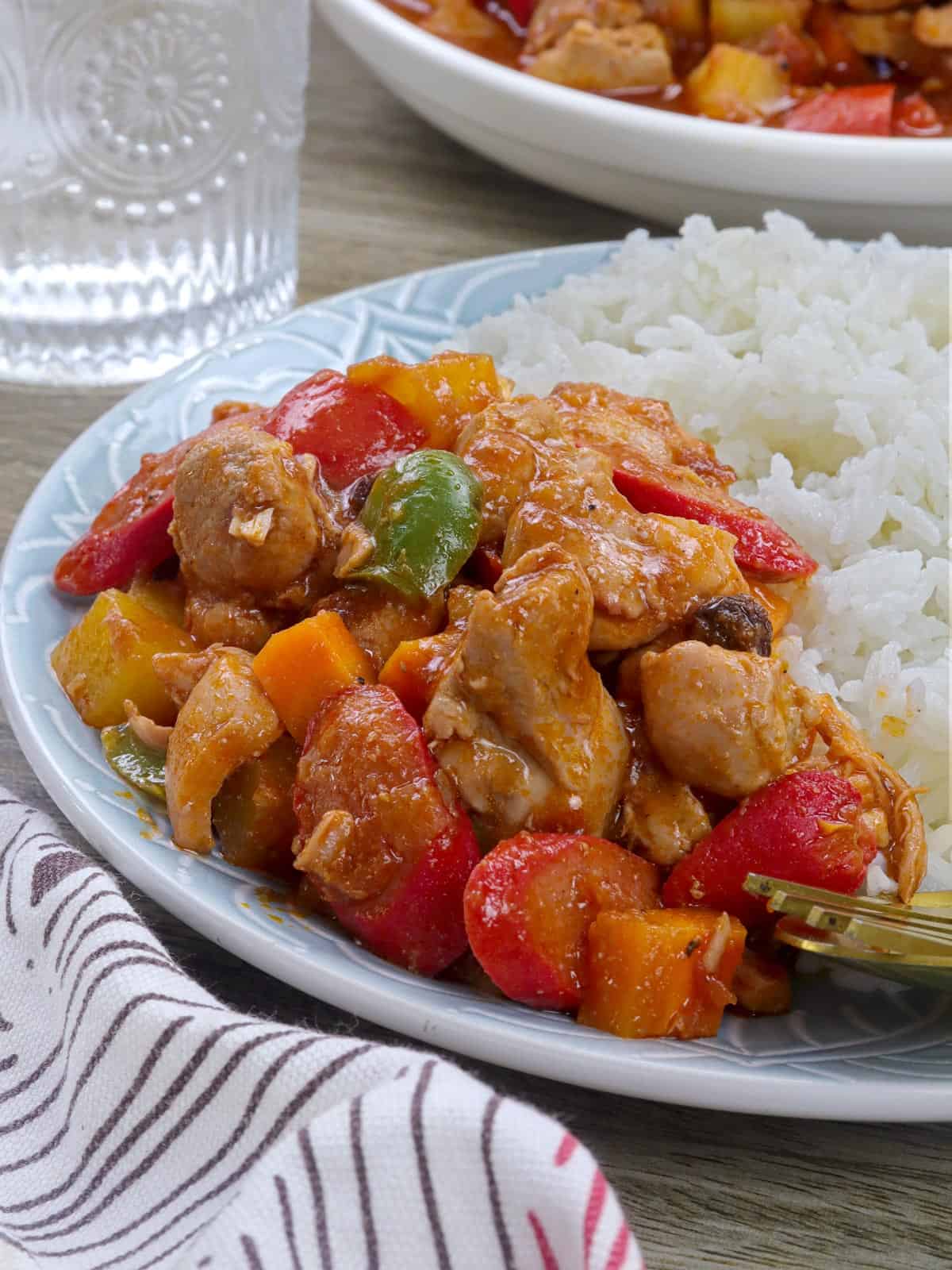 chicken menudo and steamed rice on a white plate.