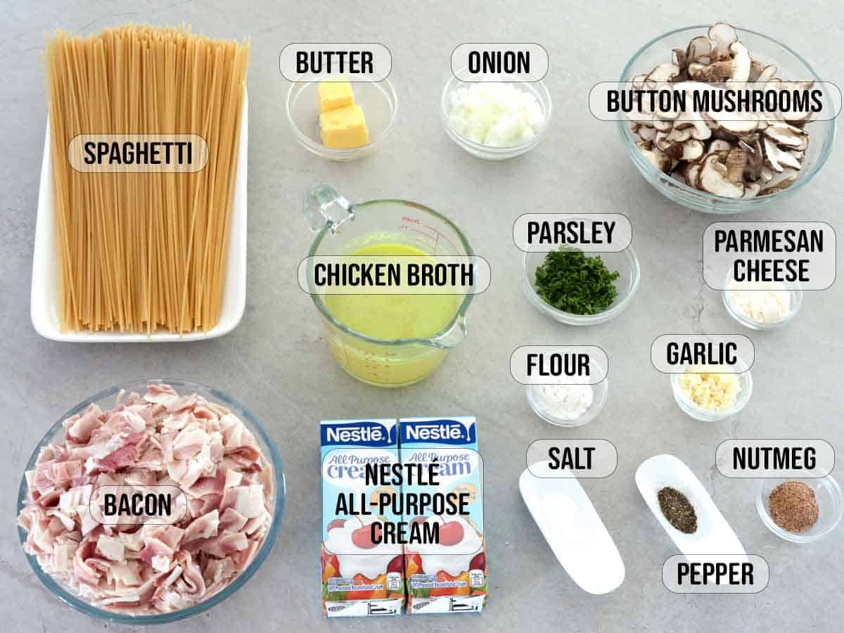 ingredeints for Filipino-style pasta carbonara.