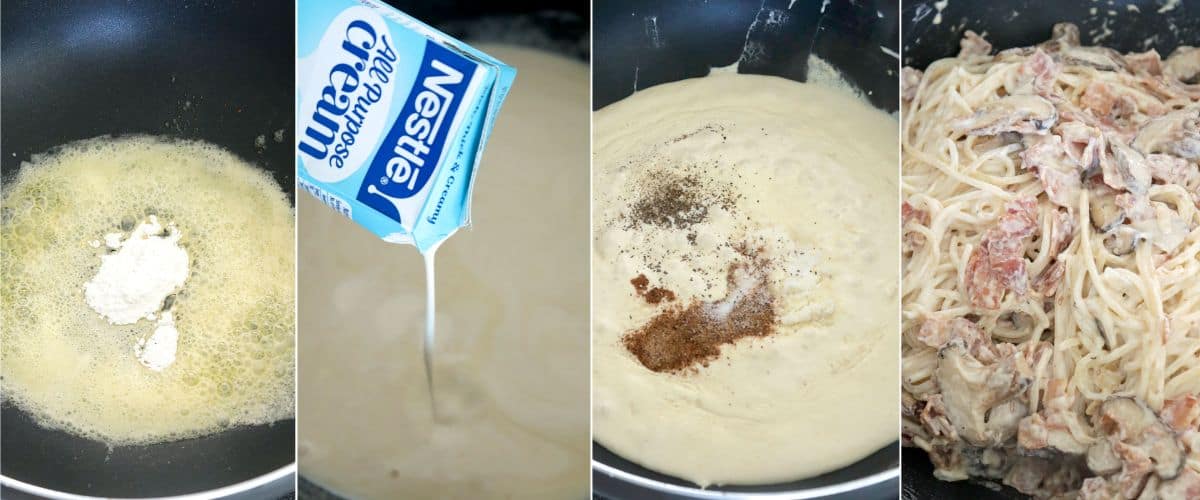 making cream sauce and mixing all the ingredients for pasta carvbonara in a pan.