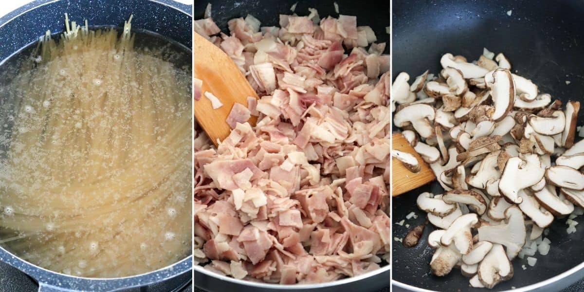 cooking pasta, browning bacon, and sauteing mushrooms.