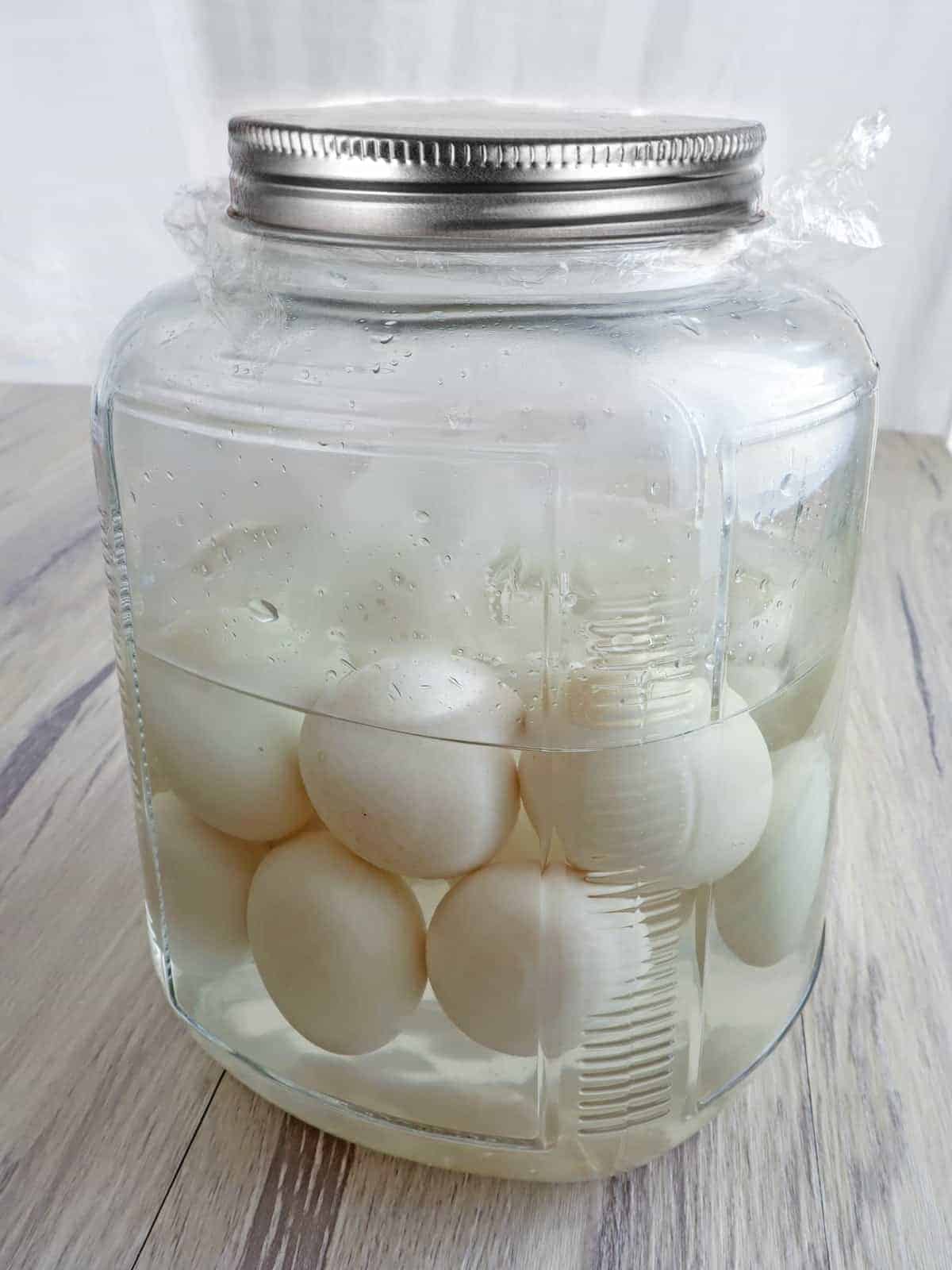 Duck eggs brining in salted water