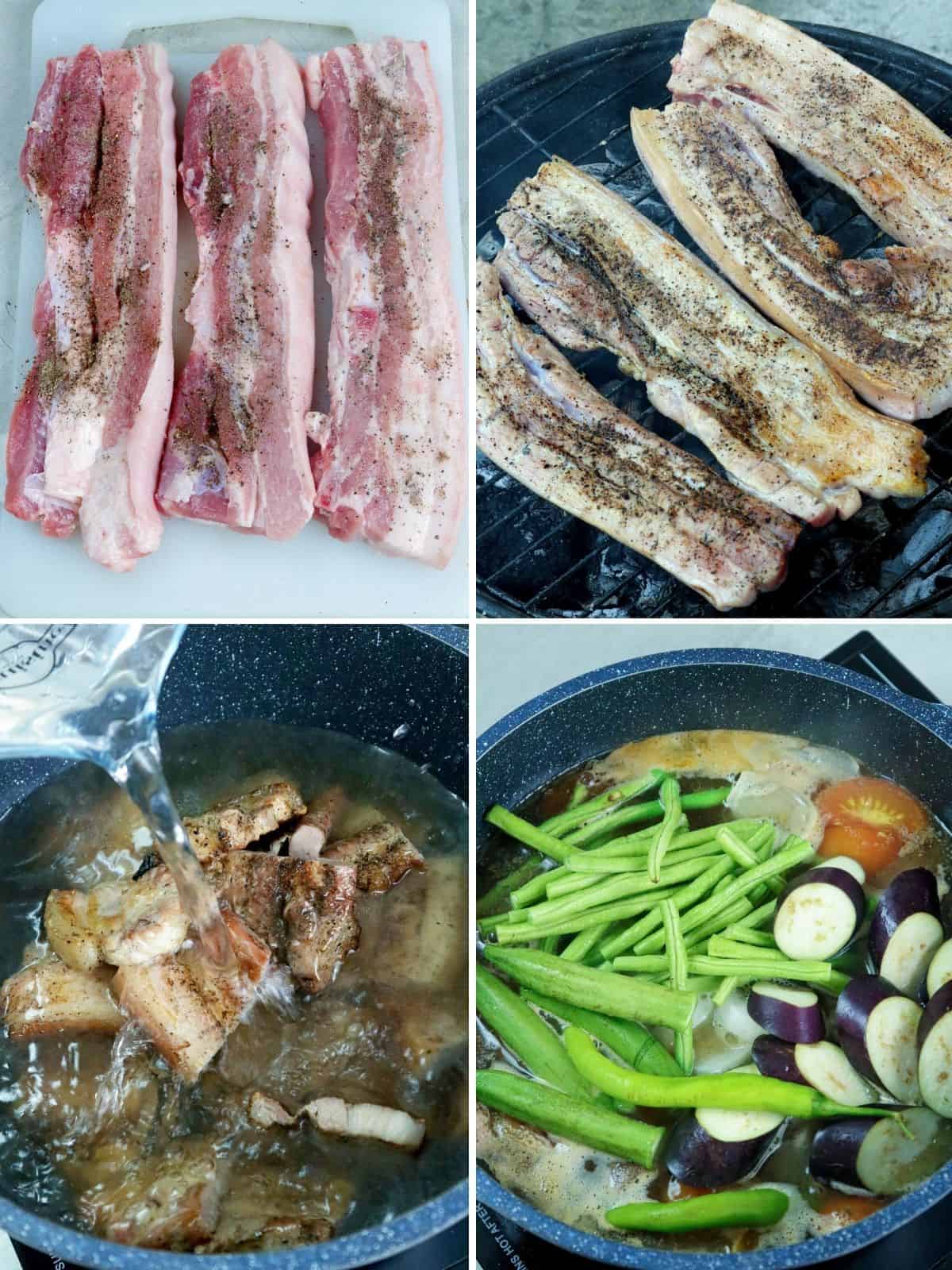 making sinigang with grilled pork belly in a pot