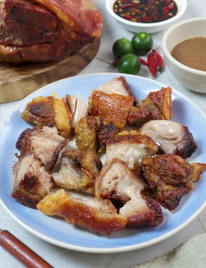 chopped crispy pork shoulder on a serving plate