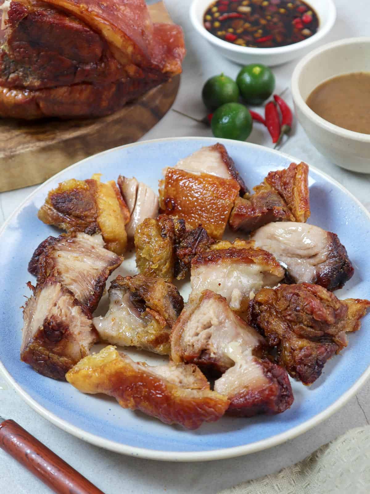 chopped crispy pork shoulder on a serving plate