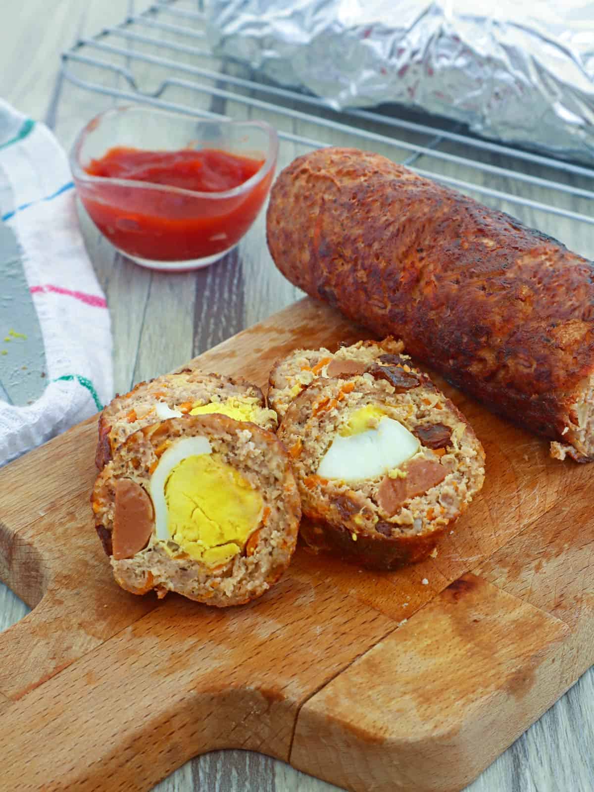 Filipino meatloaf on a cutting board