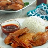 cut-up fried chicken with steamed rice on a white plate