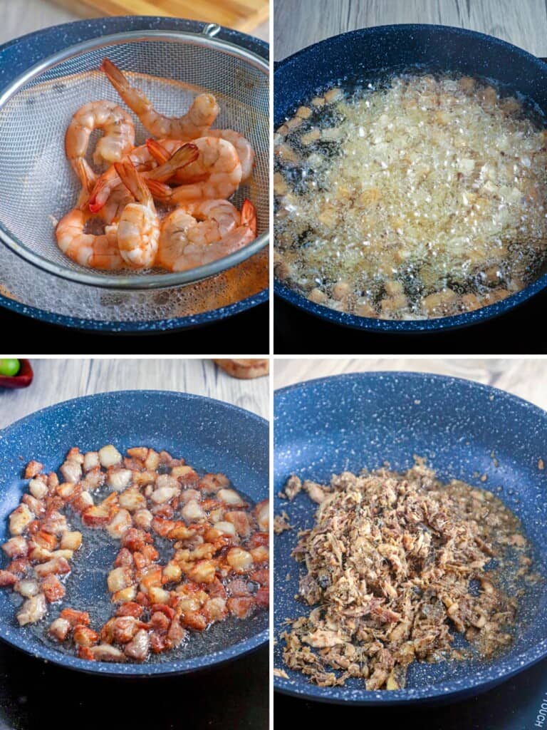 cooking pancit palabok toppings in pan