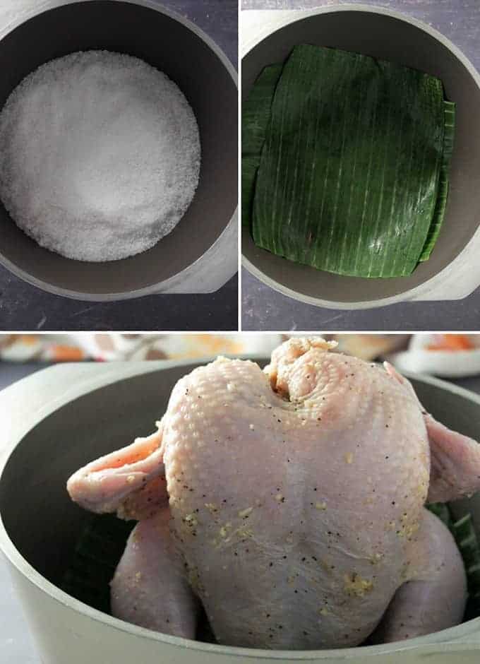 preparing pot with salt and banana leaves and whole chicken to make pinaupong manok