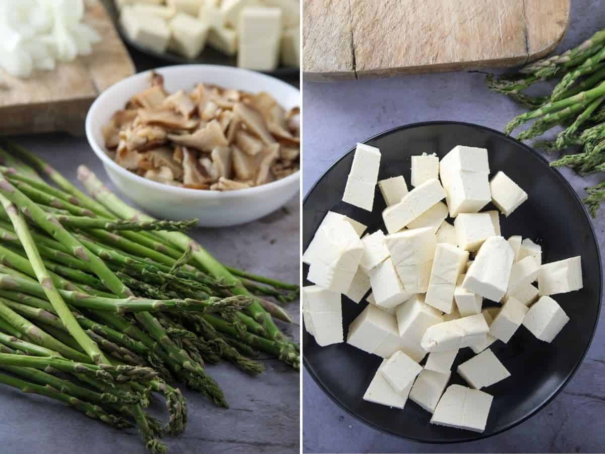 asparagus, firm tofu cubes, sliced shitake mushrooms