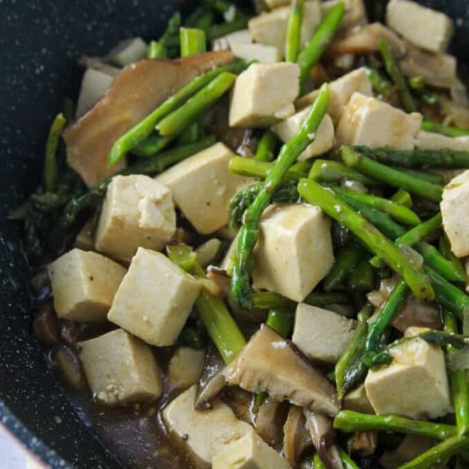 Tofu, Asparagus and Mushroom Stir-Fry in a skillet