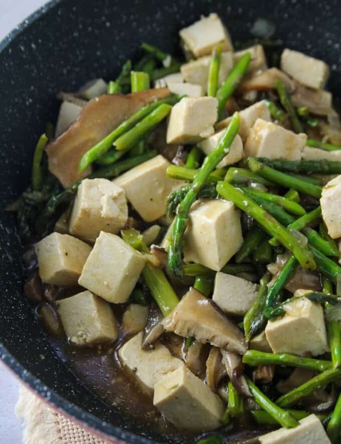 Tofu, Asparagus and Mushroom Stir-Fry in a skillet