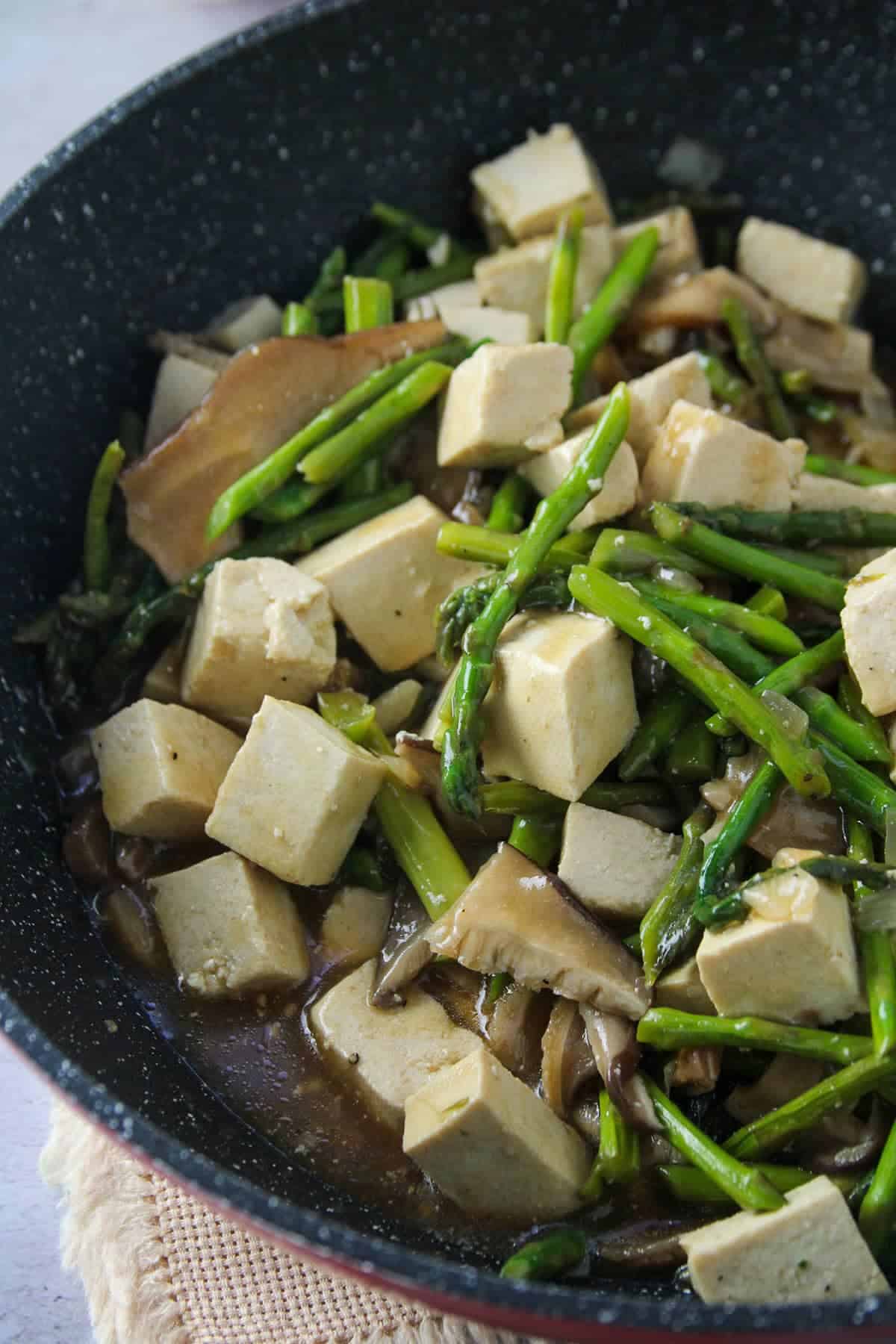 Tofu, Asparagus and Mushroom Stir-Fry in a skillet